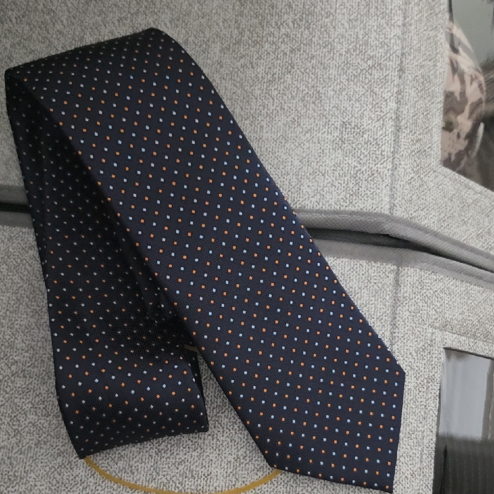 Saddlebred Navy Tie with Orange and Light Blue Micro-Dots